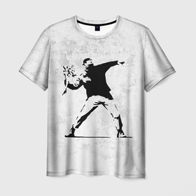 Мужская футболка 3D с принтом BANKSY БУНТ   RIOT БЭНКСИ в Тюмени, 100% полиэфир | прямой крой, круглый вырез горловины, длина до линии бедер | artist | banksy | graffiti | grunge | riot | street wear | анархия | бунт | бэнкси | вандализм | гранж | граффити | искусство | надписи | уличный художник | человек с цветами