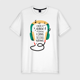 Мужская футболка хлопок Slim с принтом Наушники и ноты в Белгороде, 92% хлопок, 8% лайкра | приталенный силуэт, круглый вырез ворота, длина до линии бедра, короткий рукав | ключ | наушники | ноты | уличный стиль | шнур | штекер