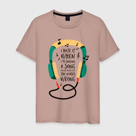 Мужская футболка хлопок с принтом Наушники и ноты в Белгороде, 100% хлопок | прямой крой, круглый вырез горловины, длина до линии бедер, слегка спущенное плечо. | ключ | наушники | ноты | уличный стиль | шнур | штекер