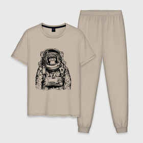 Мужская пижама хлопок с принтом Monkey   Astronaut в Санкт-Петербурге, 100% хлопок | брюки и футболка прямого кроя, без карманов, на брюках мягкая резинка на поясе и по низу штанин
 | Тематика изображения на принте: astronaut | eyes | hype | monkey | muzzle | nose | spacesuit | глаза | космонавт | нос | обезьяна | хайп | шимпанзе