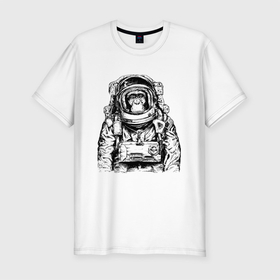 Мужская футболка хлопок Slim с принтом Monkey   Astronaut в Кировске, 92% хлопок, 8% лайкра | приталенный силуэт, круглый вырез ворота, длина до линии бедра, короткий рукав | astronaut | eyes | hype | monkey | muzzle | nose | spacesuit | глаза | космонавт | нос | обезьяна | хайп | шимпанзе