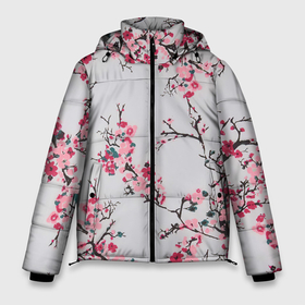 Мужская зимняя куртка 3D с принтом Цветущие ветви в Екатеринбурге, верх — 100% полиэстер; подкладка — 100% полиэстер; утеплитель — 100% полиэстер | длина ниже бедра, свободный силуэт Оверсайз. Есть воротник-стойка, отстегивающийся капюшон и ветрозащитная планка. 

Боковые карманы с листочкой на кнопках и внутренний карман на молнии. | арт | весна | рисунок | розовые цветы | розовый цветок | сакура | цветение | цветение дерева | цветение деревьев | цветок | цветы | яркие цветы | яркий цветок