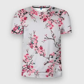 Мужская футболка 3D Slim с принтом Цветущие ветви в Новосибирске, 100% полиэстер с улучшенными характеристиками | приталенный силуэт, круглая горловина, широкие плечи, сужается к линии бедра | Тематика изображения на принте: арт | весна | рисунок | розовые цветы | розовый цветок | сакура | цветение | цветение дерева | цветение деревьев | цветок | цветы | яркие цветы | яркий цветок