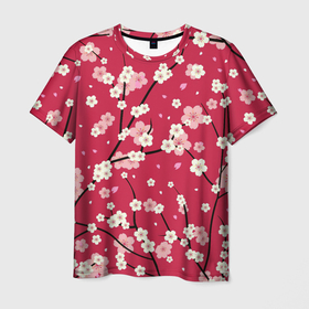 Мужская футболка 3D с принтом Цветы на ветках , 100% полиэфир | прямой крой, круглый вырез горловины, длина до линии бедер | арт | весна | рисунок | розовые цветы | розовый цветок | сакура | цветение | цветение дерева | цветение деревьев | цветок | цветы | яркие цветы | яркий цветок
