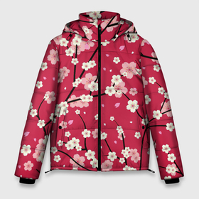 Мужская зимняя куртка 3D с принтом Цветы на ветках в Екатеринбурге, верх — 100% полиэстер; подкладка — 100% полиэстер; утеплитель — 100% полиэстер | длина ниже бедра, свободный силуэт Оверсайз. Есть воротник-стойка, отстегивающийся капюшон и ветрозащитная планка. 

Боковые карманы с листочкой на кнопках и внутренний карман на молнии. | арт | весна | рисунок | розовые цветы | розовый цветок | сакура | цветение | цветение дерева | цветение деревьев | цветок | цветы | яркие цветы | яркий цветок
