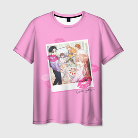 Мужская футболка 3D с принтом Love is Hard for Otaku в Санкт-Петербурге, 100% полиэфир | прямой крой, круглый вырез горловины, длина до линии бедер | Тематика изображения на принте: аниме | любовь | надпись | отаку | персонажи | помада | поцелуи | следы | фото