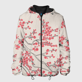 Мужская куртка 3D с принтом Красные цветы на ветках в Новосибирске, ткань верха — 100% полиэстер, подклад — флис | прямой крой, подол и капюшон оформлены резинкой с фиксаторами, два кармана без застежек по бокам, один большой потайной карман на груди. Карман на груди застегивается на липучку | арт | весна | красные цветы | красный цветок | рисунок | цветение | цветение дерева | цветение деревьев | цветок | цветы | яркие цветы | яркий цветок