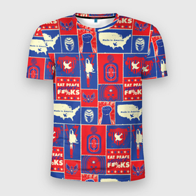 Мужская футболка 3D Slim с принтом Миротворец. Паттерн в Екатеринбурге, 100% полиэстер с улучшенными характеристиками | приталенный силуэт, круглая горловина, широкие плечи, сужается к линии бедра | dc | peace | peacemaker | мир | миротворец | пацифист | суперзлодей