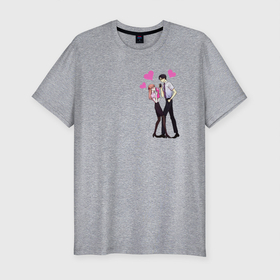 Мужская футболка хлопок Slim с принтом Момосэ  Нифудзи в Петрозаводске, 92% хлопок, 8% лайкра | приталенный силуэт, круглый вырез ворота, длина до линии бедра, короткий рукав | аниме | момосэ | нифудзи | отаку | пара | персонажи | сердца