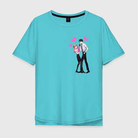 Мужская футболка хлопок Oversize с принтом Момосэ  Нифудзи в Екатеринбурге, 100% хлопок | свободный крой, круглый ворот, “спинка” длиннее передней части | Тематика изображения на принте: аниме | момосэ | нифудзи | отаку | пара | персонажи | сердца