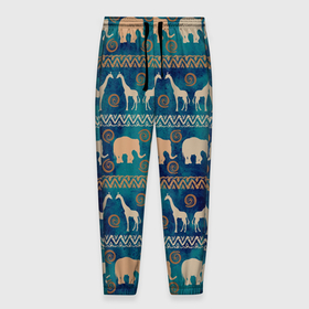 Мужские брюки 3D с принтом Жирафы и слоны в Кировске, 100% полиэстер | манжеты по низу, эластичный пояс регулируется шнурком, по бокам два кармана без застежек, внутренняя часть кармана из мелкой сетки | африка | жираф | звери | паттерн | слон