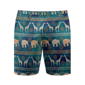 Мужские шорты спортивные с принтом Жирафы и слоны в Екатеринбурге,  |  | африка | жираф | звери | паттерн | слон