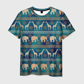 Мужская футболка 3D с принтом Жирафы и слоны в Тюмени, 100% полиэфир | прямой крой, круглый вырез горловины, длина до линии бедер | африка | жираф | звери | паттерн | слон