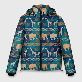 Мужская зимняя куртка 3D с принтом Жирафы и слоны в Екатеринбурге, верх — 100% полиэстер; подкладка — 100% полиэстер; утеплитель — 100% полиэстер | длина ниже бедра, свободный силуэт Оверсайз. Есть воротник-стойка, отстегивающийся капюшон и ветрозащитная планка. 

Боковые карманы с листочкой на кнопках и внутренний карман на молнии. | Тематика изображения на принте: африка | жираф | звери | паттерн | слон