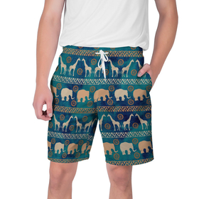 Мужские шорты 3D с принтом Жирафы и слоны в Петрозаводске,  полиэстер 100% | прямой крой, два кармана без застежек по бокам. Мягкая трикотажная резинка на поясе, внутри которой широкие завязки. Длина чуть выше колен | Тематика изображения на принте: африка | жираф | звери | паттерн | слон