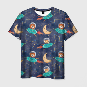 Мужская футболка 3D с принтом Звери в космосе детский паттерн в Кировске, 100% полиэфир | прямой крой, круглый вырез горловины, длина до линии бедер | детский | звери | звери в космосе | космос | лев | львенок