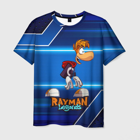 Мужская футболка 3D с принтом Rayman синий абстрактный фон , 100% полиэфир | прямой крой, круглый вырез горловины, длина до линии бедер | 