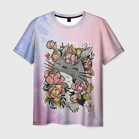 Мужская футболка 3D с принтом Тоторо в цветочках , 100% полиэфир | прямой крой, круглый вырез горловины, длина до линии бедер | акварель | аниме | мой сосед тоторо | хаяо миядзаки | хранитель леса | цветы