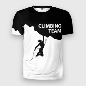 Мужская футболка 3D Slim с принтом скалолаз на страховке в Тюмени, 100% полиэстер с улучшенными характеристиками | приталенный силуэт, круглая горловина, широкие плечи, сужается к линии бедра | adrenaline | adventure | extreme | hiking | mountaineering | mountains | rockclimbing | rocks | адреналин | альпинизм | горы | скалолазание | скалы | туризм | экстрим