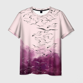 Мужская футболка 3D с принтом Птицы на небе в Новосибирске, 100% полиэфир | прямой крой, круглый вырез горловины, длина до линии бедер | aves | sky | животные | клюв | небеса | небо | облака | облако | пернатые | птица | птицы