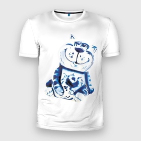 Мужская футболка 3D Slim с принтом Gzhel the cat в Тюмени, 100% полиэстер с улучшенными характеристиками | приталенный силуэт, круглая горловина, широкие плечи, сужается к линии бедра | весна | голубая | коты | роспись | россия | страна
