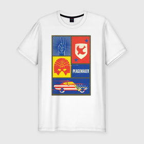 Мужская футболка хлопок Slim с принтом Миротворец. Символы в Новосибирске, 92% хлопок, 8% лайкра | приталенный силуэт, круглый вырез ворота, длина до линии бедра, короткий рукав | dc | peace | peacemaker | мир | миротворец | пацифист | суперзлодей