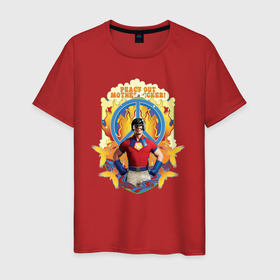 Мужская футболка хлопок с принтом Миротворец с пацификом в Новосибирске, 100% хлопок | прямой крой, круглый вырез горловины, длина до линии бедер, слегка спущенное плечо. | Тематика изображения на принте: dc | peace | peacemaker | мир | миротворец | пацифист | суперзлодей