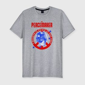 Мужская футболка хлопок Slim с принтом Миротворец.  Лого в Санкт-Петербурге, 92% хлопок, 8% лайкра | приталенный силуэт, круглый вырез ворота, длина до линии бедра, короткий рукав | dc | peace | peacemaker | лого | мир | миротворец | пацифист | суперзлодей