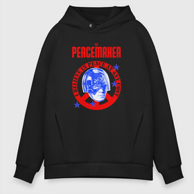 Мужское худи Oversize хлопок с принтом Миротворец.  Лого в Екатеринбурге, френч-терри — 70% хлопок, 30% полиэстер. Мягкий теплый начес внутри —100% хлопок | боковые карманы, эластичные манжеты и нижняя кромка, капюшон на магнитной кнопке | dc | peace | peacemaker | лого | мир | миротворец | пацифист | суперзлодей