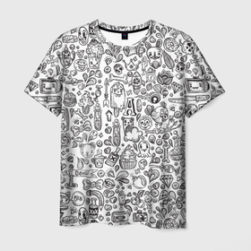 Мужская футболка 3D с принтом Рисованные черепа и животные в Белгороде, 100% полиэфир | прямой крой, круглый вырез горловины, длина до линии бедер | Тематика изображения на принте: дудл | кости | птица | скетч | уличный стиль | череп