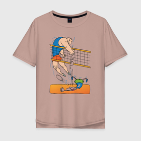 Мужская футболка хлопок Oversize с принтом Мощный волейбольный удар в Новосибирске, 100% хлопок | свободный крой, круглый ворот, “спинка” длиннее передней части | volleyball | волейбол | волейболист | волейбольный | вфв | мяч | пляжный волейбол | спорт