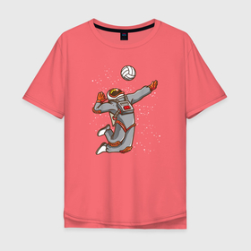 Мужская футболка хлопок Oversize с принтом Мощный космический удар в Тюмени, 100% хлопок | свободный крой, круглый ворот, “спинка” длиннее передней части | volleyball | волейбол | волейболист | волейбольный | вфв | мяч | пляжный волейбол | спорт