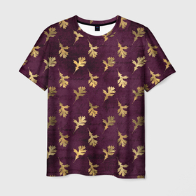 Мужская футболка 3D с принтом Золотые листья на бордовом фоне в Петрозаводске, 100% полиэфир | прямой крой, круглый вырез горловины, длина до линии бедер | золото | золотые | листочки | листья | осень | паттерн | текстуры