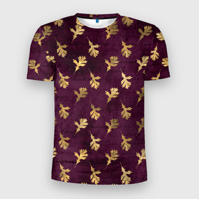 Мужская футболка 3D Slim с принтом Золотые листья на бордовом фоне в Новосибирске, 100% полиэстер с улучшенными характеристиками | приталенный силуэт, круглая горловина, широкие плечи, сужается к линии бедра | золото | золотые | листочки | листья | осень | паттерн | текстуры