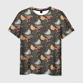 Мужская футболка 3D с принтом Птички на ветках в Белгороде, 100% полиэфир | прямой крой, круглый вырез горловины, длина до линии бедер | Тематика изображения на принте: весна | ветки | птица | птицы | птички