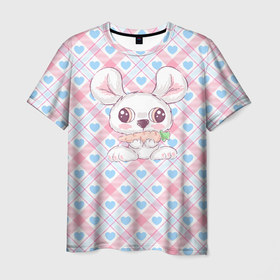 Мужская футболка 3D с принтом Маленький заяц на фоне сердечек , 100% полиэфир | прямой крой, круглый вырез горловины, длина до линии бедер | зайчик | заяц | кролик | сердечки | сердце