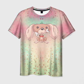 Мужская футболка 3D с принтом Милая собачка с костью в Курске, 100% полиэфир | прямой крой, круглый вырез горловины, длина до линии бедер | Тематика изображения на принте: косточка | милая | пес | собака | собачка
