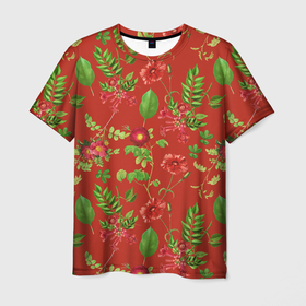 Мужская футболка 3D с принтом Паттерн из листьев на красном фоне в Петрозаводске, 100% полиэфир | прямой крой, круглый вырез горловины, длина до линии бедер | Тематика изображения на принте: красный | лето | лист | листочки | листья | цветы