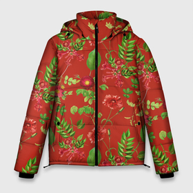Мужская зимняя куртка 3D с принтом Паттерн из листьев на красном фоне в Тюмени, верх — 100% полиэстер; подкладка — 100% полиэстер; утеплитель — 100% полиэстер | длина ниже бедра, свободный силуэт Оверсайз. Есть воротник-стойка, отстегивающийся капюшон и ветрозащитная планка. 

Боковые карманы с листочкой на кнопках и внутренний карман на молнии. | красный | лето | лист | листочки | листья | цветы