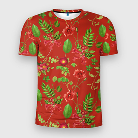 Мужская футболка 3D Slim с принтом Паттерн из листьев на красном фоне в Петрозаводске, 100% полиэстер с улучшенными характеристиками | приталенный силуэт, круглая горловина, широкие плечи, сужается к линии бедра | красный | лето | лист | листочки | листья | цветы