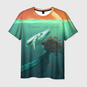 Мужская футболка 3D с принтом Кит   Freedom and peace в Кировске, 100% полиэфир | прямой крой, круглый вырез горловины, длина до линии бедер | арт | кит | море | природа | рисунок | рыба | рыбы
