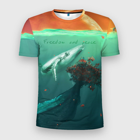 Мужская футболка 3D Slim с принтом Кит   Freedom and peace в Курске, 100% полиэстер с улучшенными характеристиками | приталенный силуэт, круглая горловина, широкие плечи, сужается к линии бедра | арт | кит | море | природа | рисунок | рыба | рыбы