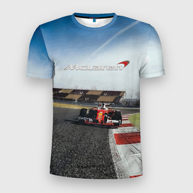 Мужская футболка 3D Slim с принтом McLaren F1   Racing Team в Новосибирске, 100% полиэстер с улучшенными характеристиками | приталенный силуэт, круглая горловина, широкие плечи, сужается к линии бедра | Тематика изображения на принте: bolide | car | f1 | mclaren | racing | team | автомобиль | болид | гонка