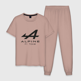 Мужская пижама хлопок с принтом Alpine F1 team | Black Logo в Курске, 100% хлопок | брюки и футболка прямого кроя, без карманов, на брюках мягкая резинка на поясе и по низу штанин
 | Тематика изображения на принте: alpine f1 | auto sport | autosport | emblem | f1 | fia | formula one | logo | авто спорт | автоспорт | кольцевые гонки | лого | логотип | ф1 | формула 1 | формула один | эмблема