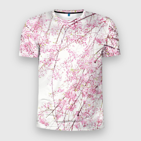 Мужская футболка 3D Slim с принтом Розовое цветение в Новосибирске, 100% полиэстер с улучшенными характеристиками | приталенный силуэт, круглая горловина, широкие плечи, сужается к линии бедра | арт | весна | ива | рисунок | розовые цветы | розовый цветок | сакура | цветение | цветение дерева | цветение деревьев | цветок | цветущая ива | цветы | яркие цветы | яркий цветок