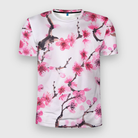 Мужская футболка 3D Slim с принтом Мазки весны в Тюмени, 100% полиэстер с улучшенными характеристиками | приталенный силуэт, круглая горловина, широкие плечи, сужается к линии бедра | арт | весна | краска | рисунок | розовые цветы | розовый цветок | сакура | цветение | цветение дерева | цветение деревьев | цветок | цветы | яркие цветы | яркий цветок