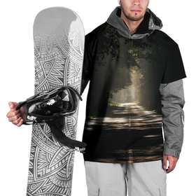 Накидка на куртку 3D с принтом Тенистый путь в Тюмени, 100% полиэстер |  | асфальт | деревья | дорога | дымка | лес | природа | рассвет | светлый | серый | солнечные лучи | тропа