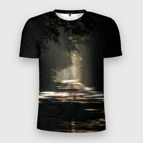 Мужская футболка 3D Slim с принтом Тенистый путь в Кировске, 100% полиэстер с улучшенными характеристиками | приталенный силуэт, круглая горловина, широкие плечи, сужается к линии бедра | асфальт | деревья | дорога | дымка | лес | природа | рассвет | светлый | серый | солнечные лучи | тропа