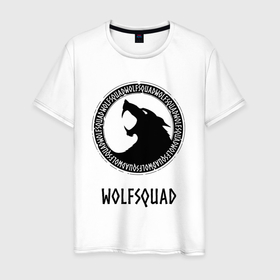 Мужская футболка хлопок с принтом WOLFSQUAD в Екатеринбурге, 100% хлопок | прямой крой, круглый вырез горловины, длина до линии бедер, слегка спущенное плечо. | logo | noth | runes | viking | warrior | werewolf | wolf | викинги | воин | волк | оборотень | руны | север