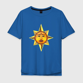 Мужская футболка хлопок Oversize с принтом Солнца лик в Курске, 100% хлопок | свободный крой, круглый ворот, “спинка” длиннее передней части | Тематика изображения на принте: gwaenor | sun | весна | лето | радость | с | символ | символика | славянская | солнце | этно